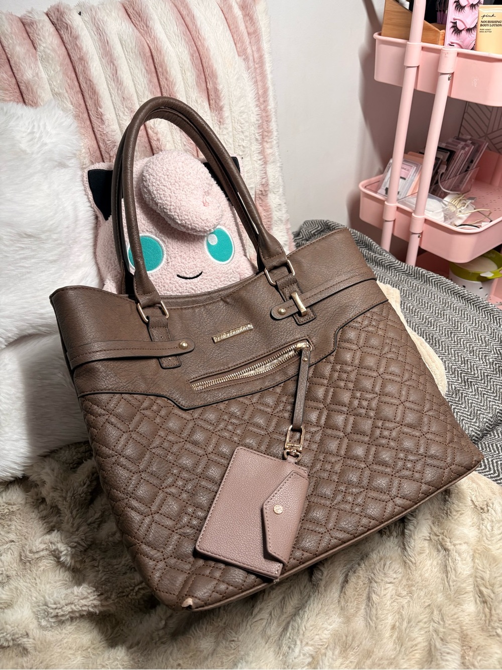 Anne Klein Quilted Brown Shoulder Tote with Attached Card Holder